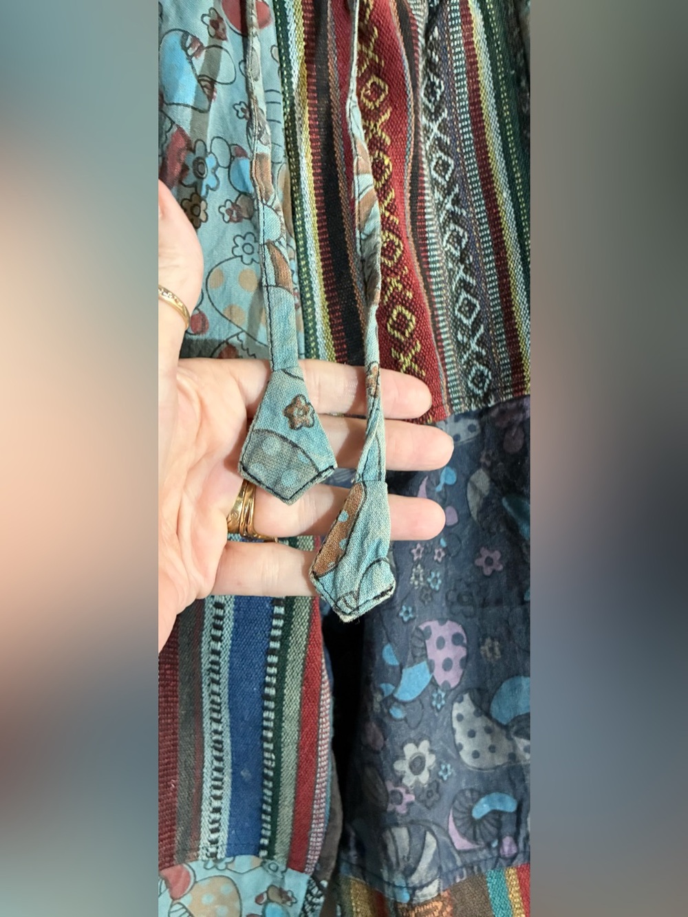 Kathmandu Patchwork Pants S/M Drawstring Mushrooms Pockets Festival Boho Hippie - Picture 11 of 12